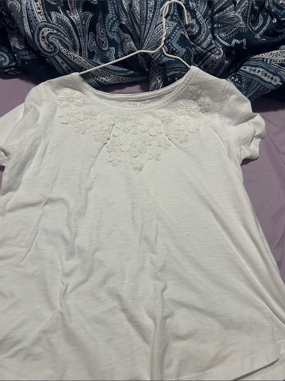 Alia White Short Sleeve Tee with Floral Appliqué Motif